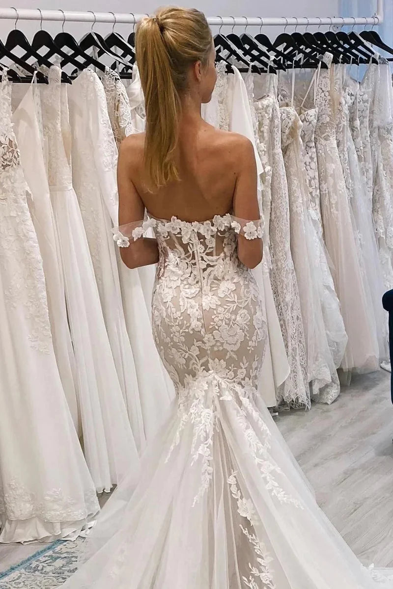 Fairy Mermaid Off the Shoulder Lace Long Bridal Dresses with