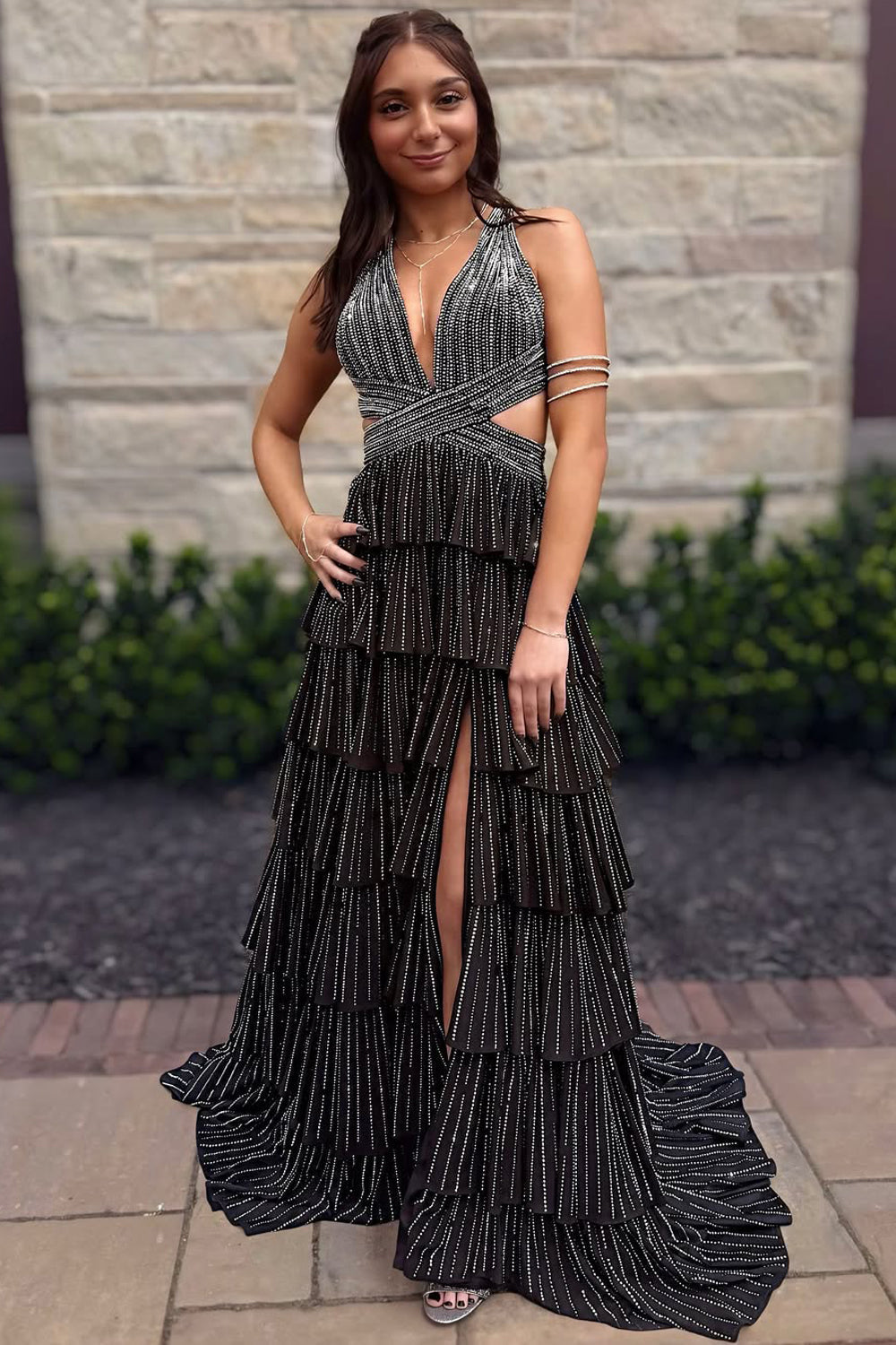 Cute A Line V Neck Black Satin Tiered Long Prom Dress with Hot Stone AB25052703