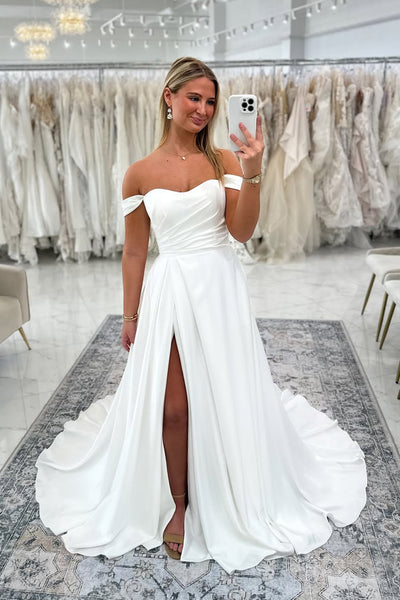 Fashion A Line Off the Shoulder White Satin Wedding Dresses with Slit AB25050204