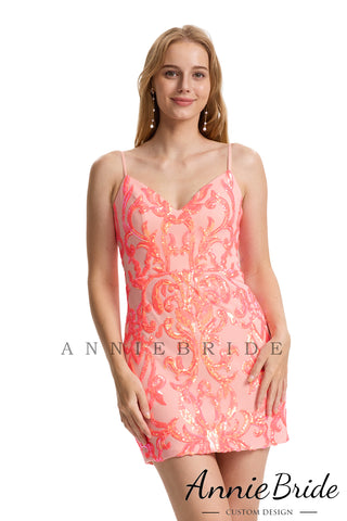 Cute Bodycon V Neck Coral Sequins Short Homecoming Dresses AB24071902