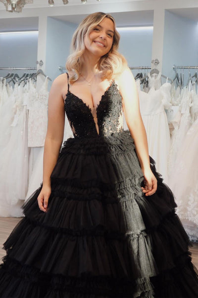 Princess V Neck Black Tiered Tulle Long Prom Dresses AB4030104