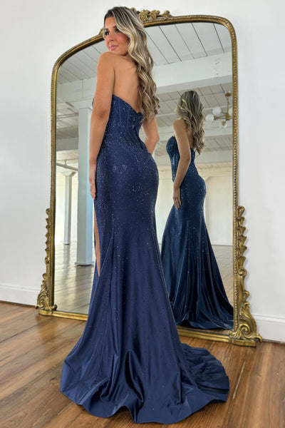 Sparkly Scoop Neck Navy Satin Long Prom Dress with Hot Stone AB26020603
