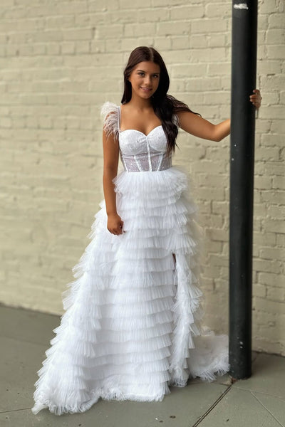 A-Line Sweetheart White Ruffle Tiered Tulle Long Prom Dress Homecoming Dresses with Slit AB25091708