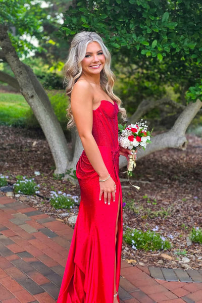A Line Scoop Neck Red Satin Hot-fix Rhinestones Prom Dress with Slit AB26042110