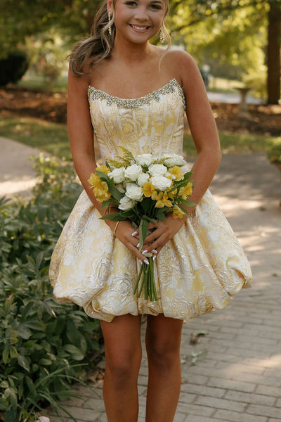 A Line Scoop Neck Yellow Jacquard Satin Homecoming Dress with Beading AB261005