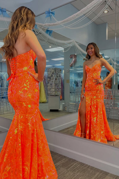 Cute Mermaid V Neck Orange Sequins Lace Long Prom Dress AB25071704