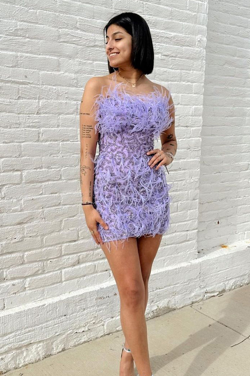 Cute Bodycon Straps Lavender Sequins Short Homecoming Dresses with Feather AB062601