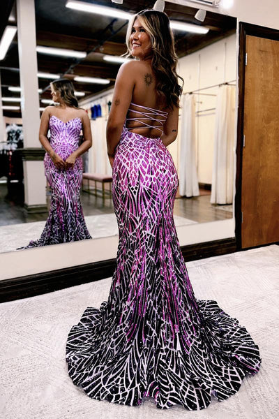 Mermaid Strapless Purple Sequins Long Prom Dress AB4050703