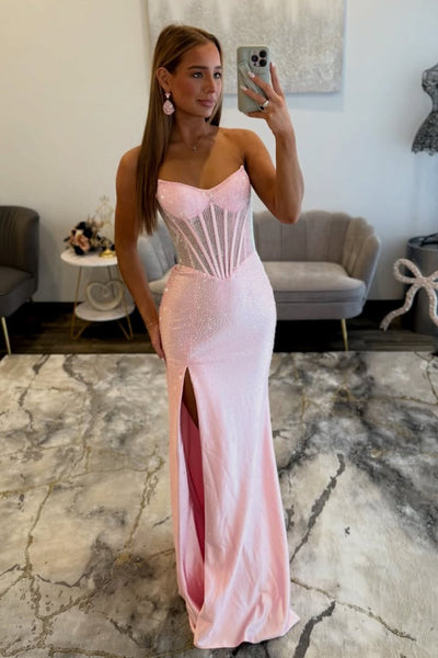 Stunning Mermaid Scoop Neck Pink Hot Fix Satin Prom Dress with Slit AB26012905