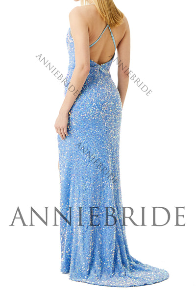 Cute Mermaid V Neck Light Blue Velvet Sequins Prom Dresses with Slit AB061828