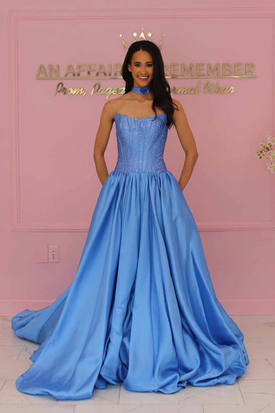 A Line Scoop Neck Blue Satin Prom Dress with Hot Fix AB26102913