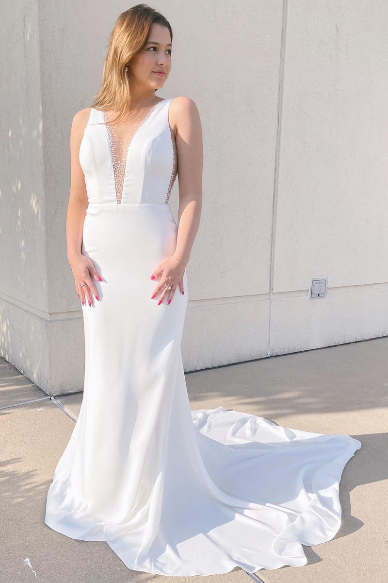 Charming Mermaid V Neck Elastic Satin Long Wedding Dresses with Beading ABWD061820