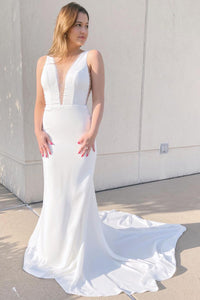 Charming Mermaid V Neck Elastic Satin Long Wedding Dresses with Beading ABWD061820