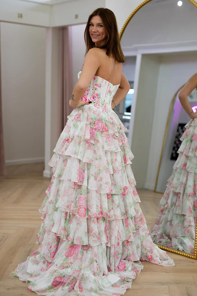 Cute A Line Strapless Blue Floral Satin Prom Dress with Beading AB26032208