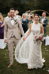 Charming Mermaid Round Neck Lace Beach Wedding Dresses AB24100706
