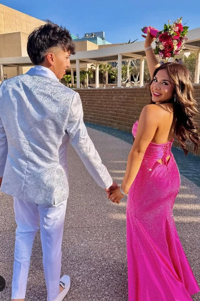 Mermaid Strapless Fuchsia Long Prom Dresses with Beadings AB25032404