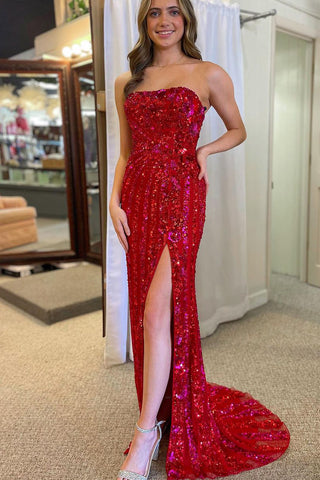 Mermaid Strapless Red Sequins Long Prom Dress with Slit AB4021702