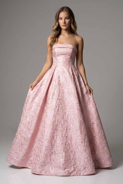 A Line Strapless Jacquard Satin Long Prom Dress with Pockets AB26102902