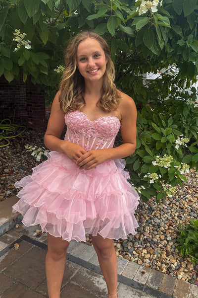 Cute A Line Sweetheart Pink Organza Short Homecoming Dresses with Appliques AB24100708