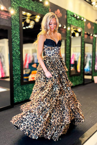 Stunning A Line Sweetheart Leopard Chiffon Long Prom Dress with Slit AB26030503