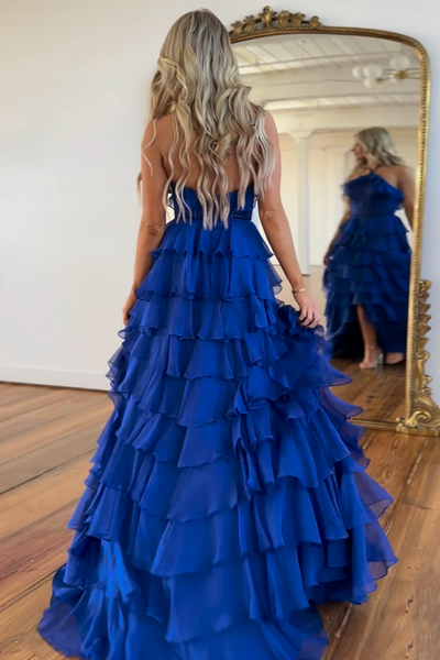 Fairy A Line Straps A Line Tiered Chiffon Long Prom Dresses with Slit AB24102107