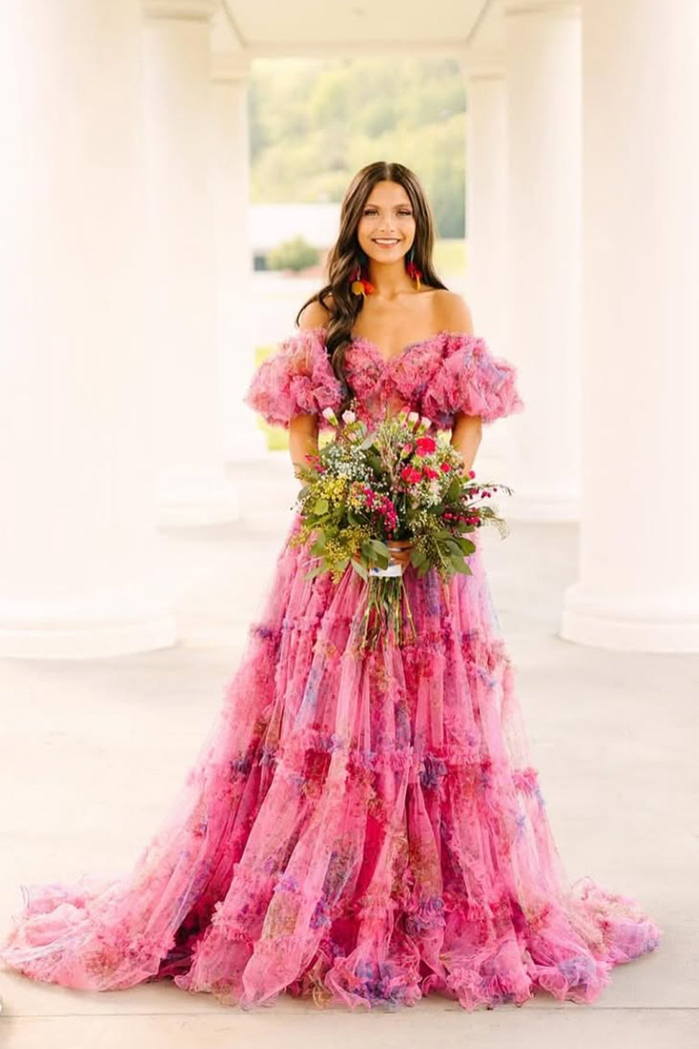Gorgeous Ball Gown Sweetheart Tiered Pink Floral Tulle Prom Dress AB05060502