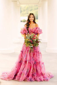 Gorgeous Ball Gown Sweetheart Tiered Pink Floral Tulle Prom Dress AB05060502
