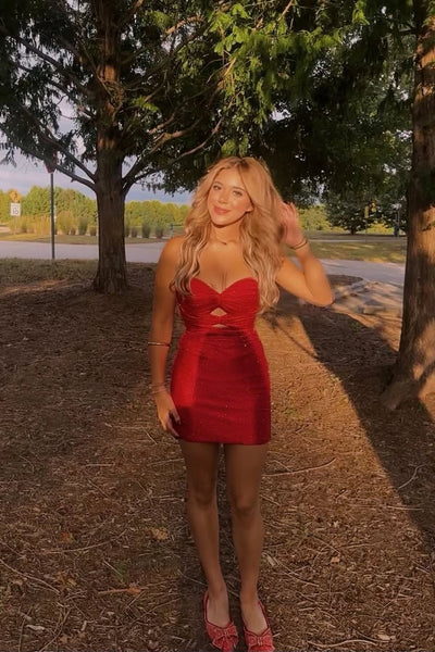 Cute Bodycon Sweetheart Keyhole Red Short Homecoming Dress with Hot Stone AB25093010