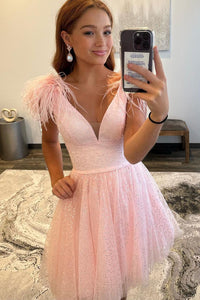 Cute Glitter A Line V Neck Blush Pink Sparkly Tulle Short Homecoming Dresses with Feather ABHC061831