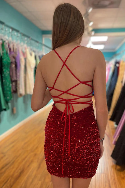 Cute Sparkly Scoop Neck Dark Red Sequins Short Homecoming Dresses ABHC061821