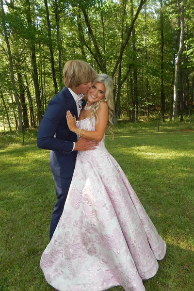 Gorgeous A Line Scoop Neck Pink Jacquard Satin Prom Dress with Beading AB26042104