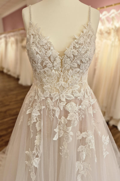 Bohemian A Line V Neck Tulle Long Wedding Dress with Appliques AB26072412