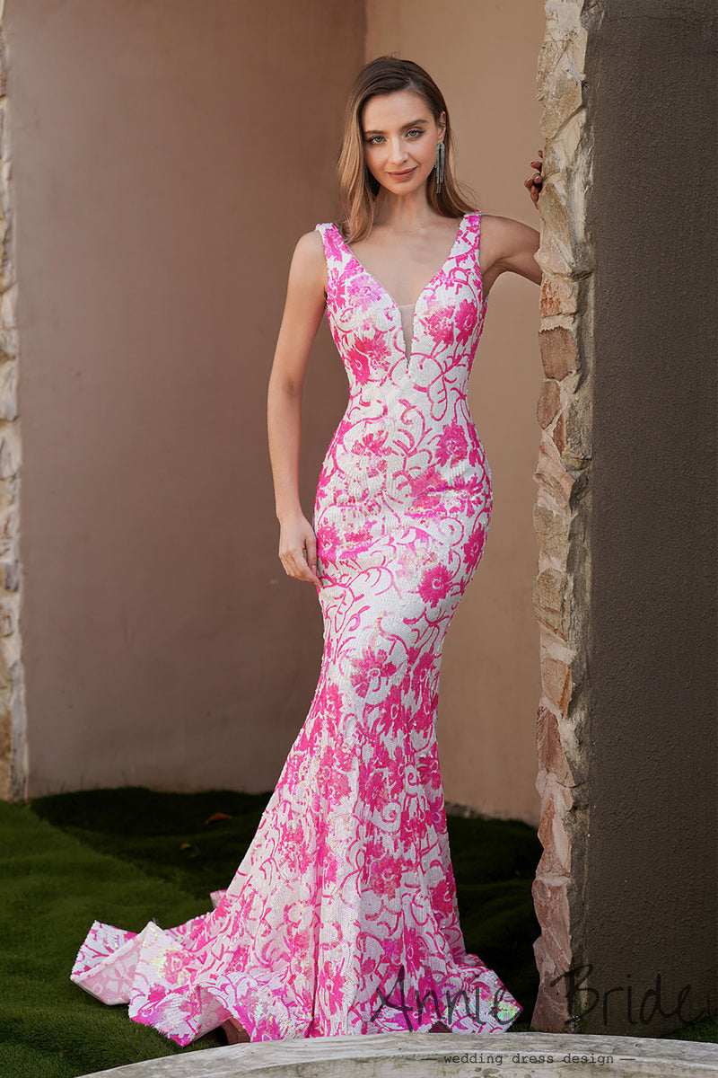 Charming Mermaid V Neck Purple Sequins Lace Prom Dress VK0731132