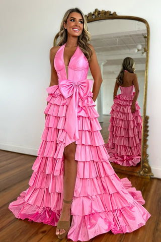 Cute Ball Gown Halter Pink Tafetta Satin Tiered Prom Dress with Bow AB25012003