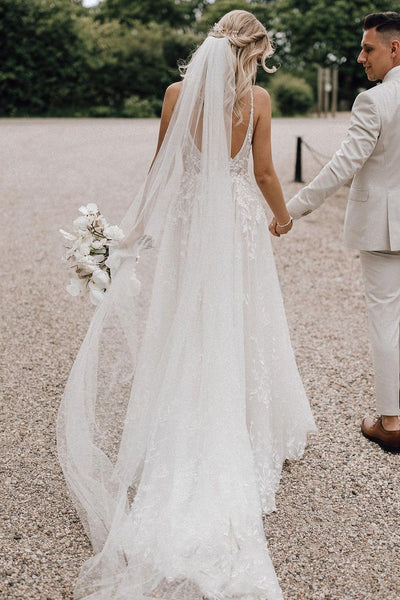 Fairy A Line V Neck Tulle Lace Wedding Dresses with Appliques ABWD061829