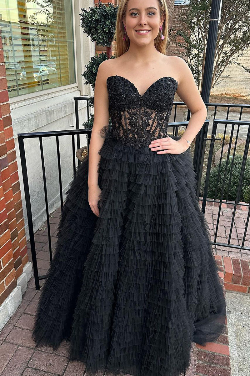Cute Ball Gown Sweetheart Black Tulle Prom Dresses with Appliques AB111803