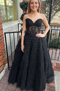Cute Ball Gown Sweetheart Black Tulle Prom Dresses with Appliques AB111803