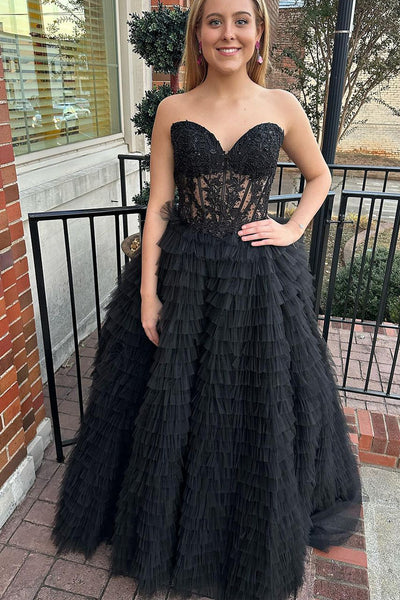 Cute Ball Gown Sweetheart Black Tulle Prom Dresses with Appliques AB111803