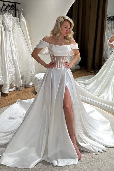 Bohe A Line Off the Shoulder Satin Wedding Dress with Slit AB26052405