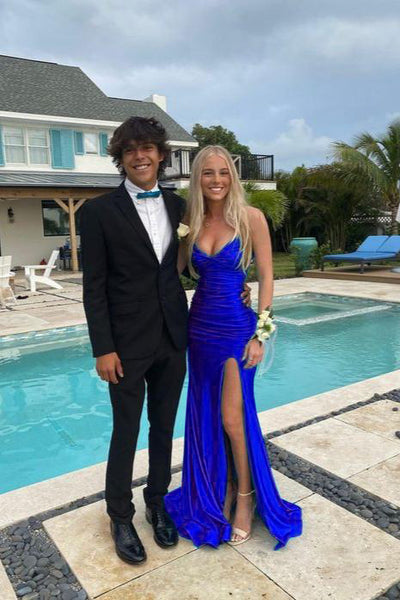 Charming Mermaid V Neck Blue Satin Prom Dress with Slit AB24121411