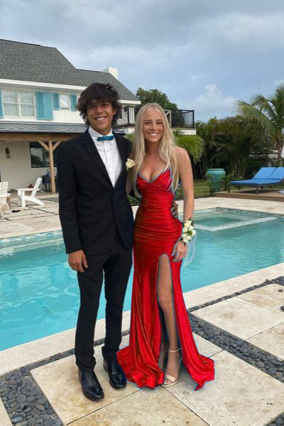 Charming Mermaid V Neck Blue Satin Prom Dress with Slit AB24121411