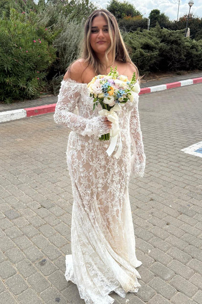Boho Mermaid Off the Shoulder Lace Wedding Dress with Long Sleeves AB26101606