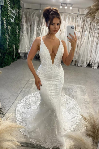 Mermaid V Neck Lace Satin Prom Dress with Appliques AB25111209