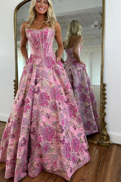 Gorgeous Ball Gown Scoop Neck Jacquard Satin Prom Dress with Pearls AB32122903