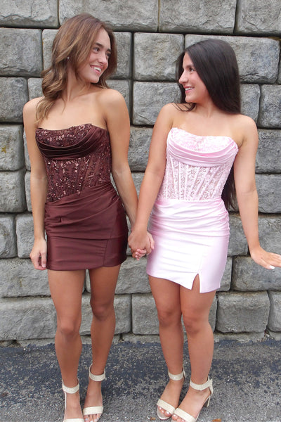 A Line Scoop Neck Satin Short Homecoming Dress with Beading AB26080603