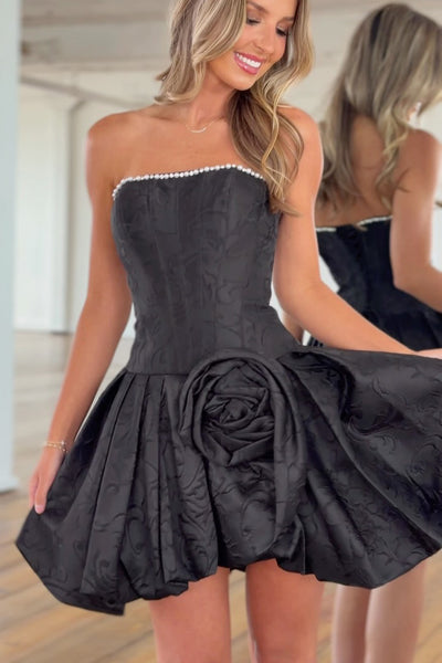 A Line Strapless Black Jacquard Satin Homecoming Dress AB26070715