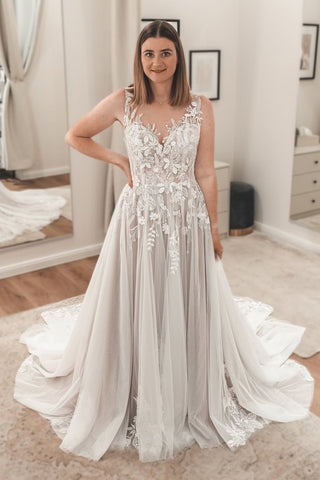 Boho A Line V Neck Tulle Wedding Dress with Appliques AB25092806