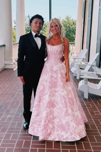 Gorgeous A Line Scoop Neck Pink Jacquard Satin Prom Dress with Pearls AB26050701