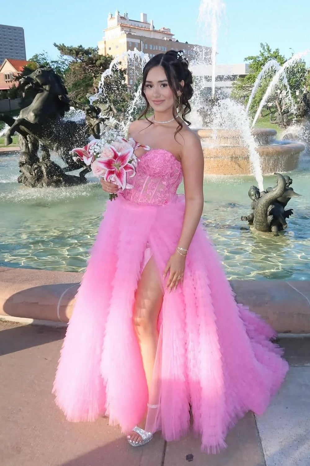 Cute Ball Gown Sweetheart Pink Tiered Tulle Prom Dress with Slit AB250534