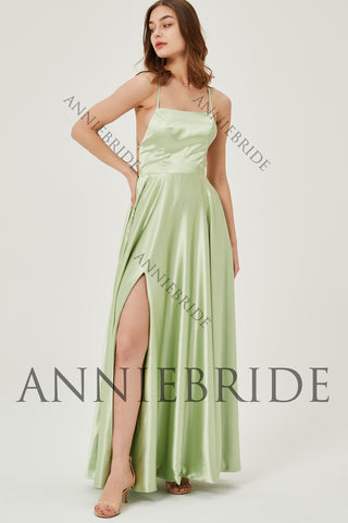 Cute A Line Scoop Neck Sage Green Silk Satin Long Prom Dresses with Slit AB061827